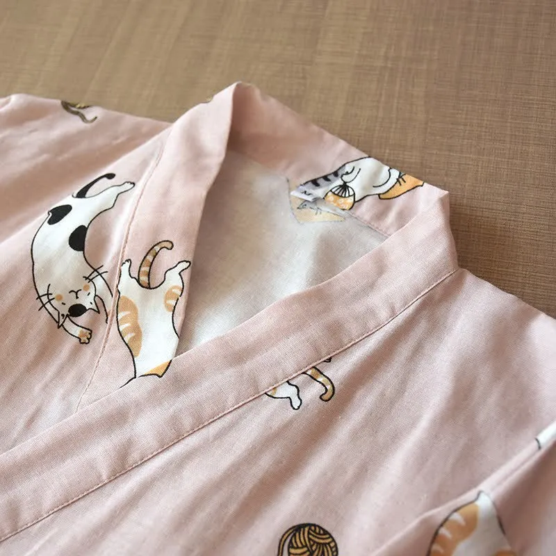 Partner-Kimono aus Baumwolle mit Katzenmotiv