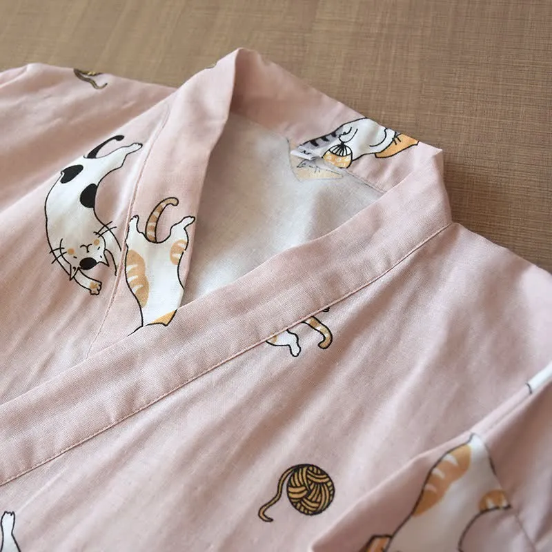 Partner-Kimono aus Baumwolle mit Katzenmotiv