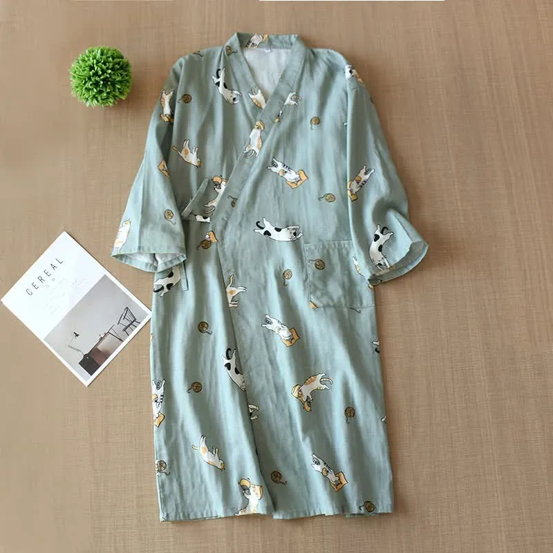 Partner-Kimono aus Baumwolle mit Katzenmotiv