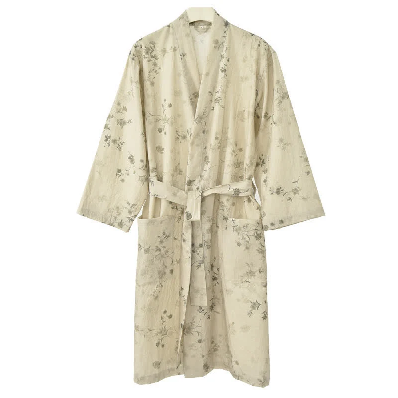 Eleganter Kimono-Bademantel aus Baumwoll-Leinen mit Blumenmuster