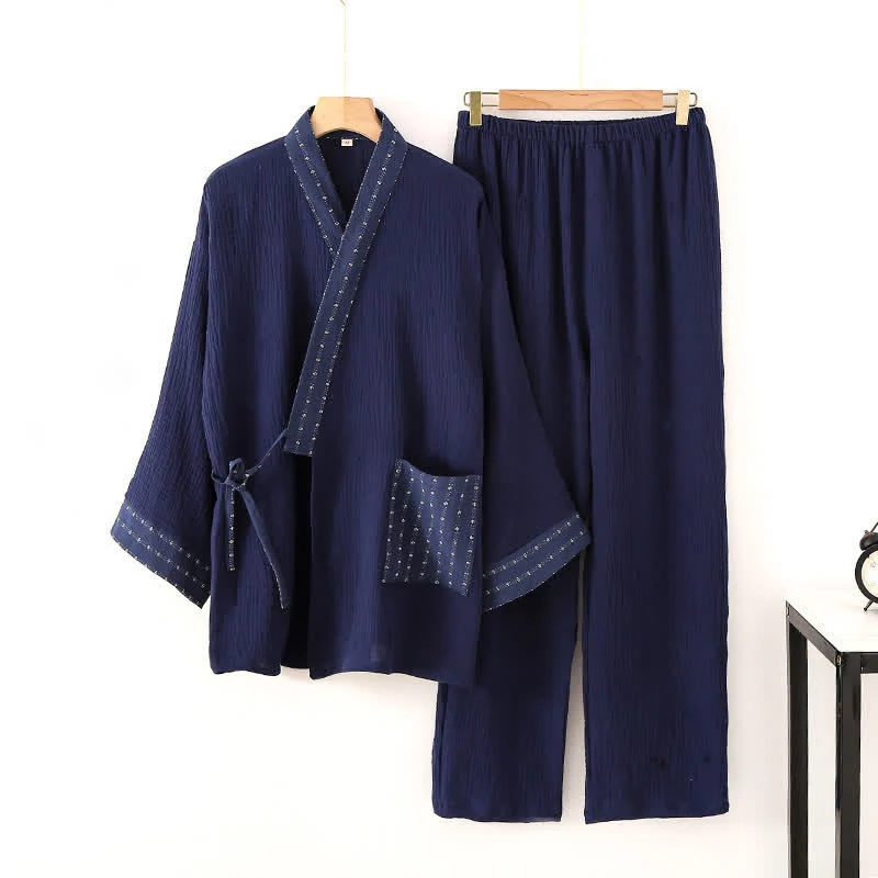 Kimono-Pyjama-Set aus marineblauem Baumwollgaze