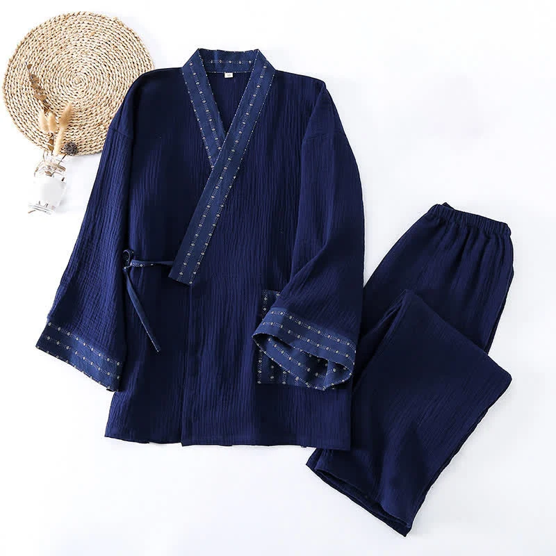 Kimono-Pyjama-Set aus marineblauem Baumwollgaze