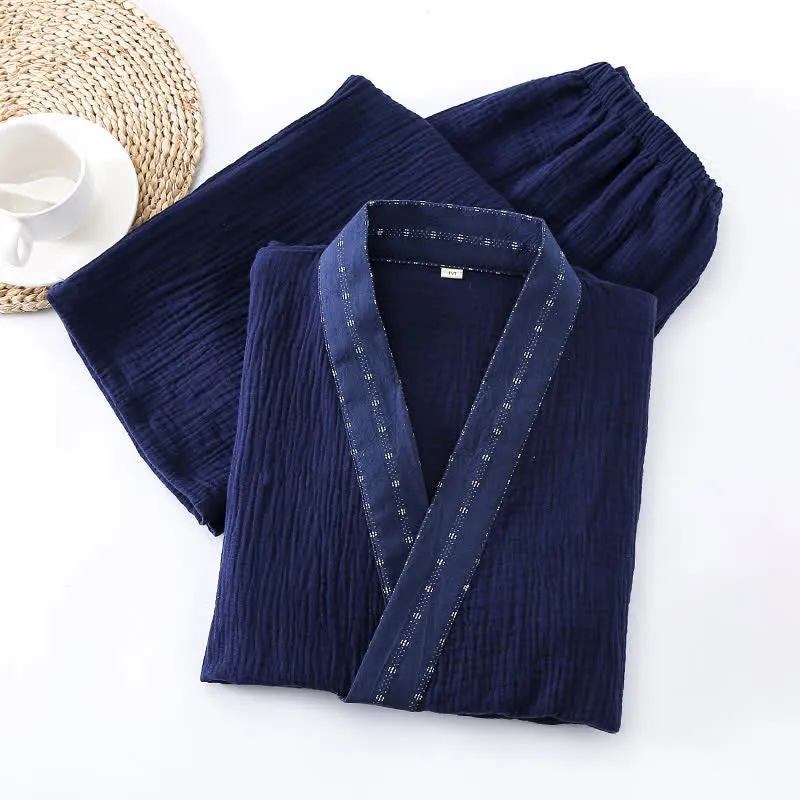 Kimono-Pyjama-Set aus marineblauem Baumwollgaze