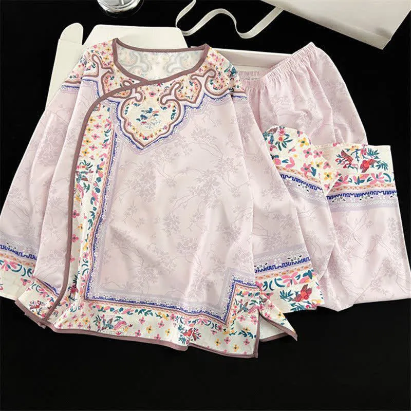 Hellvioletter Vintage-Pyjama im Hanfu-Stil mit Blumenmuster