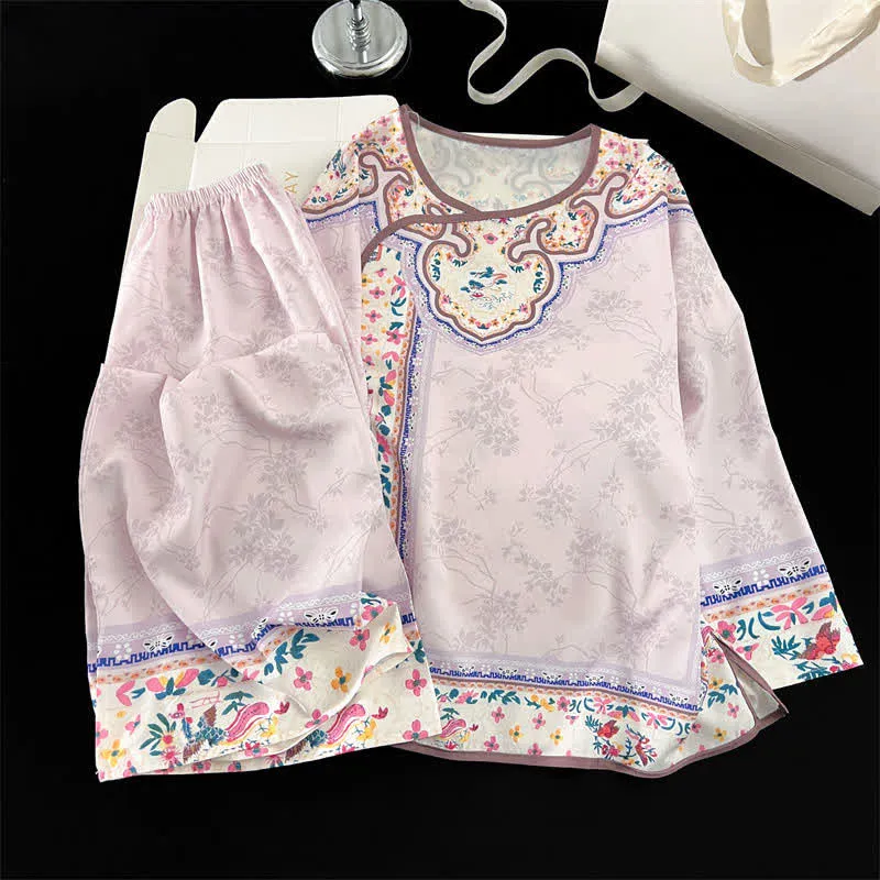 Hellvioletter Vintage-Pyjama im Hanfu-Stil mit Blumenmuster