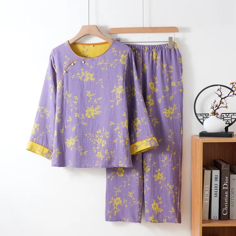 Asiatisch inspirierter Baumwoll-Pyjama mit Blumenmuster