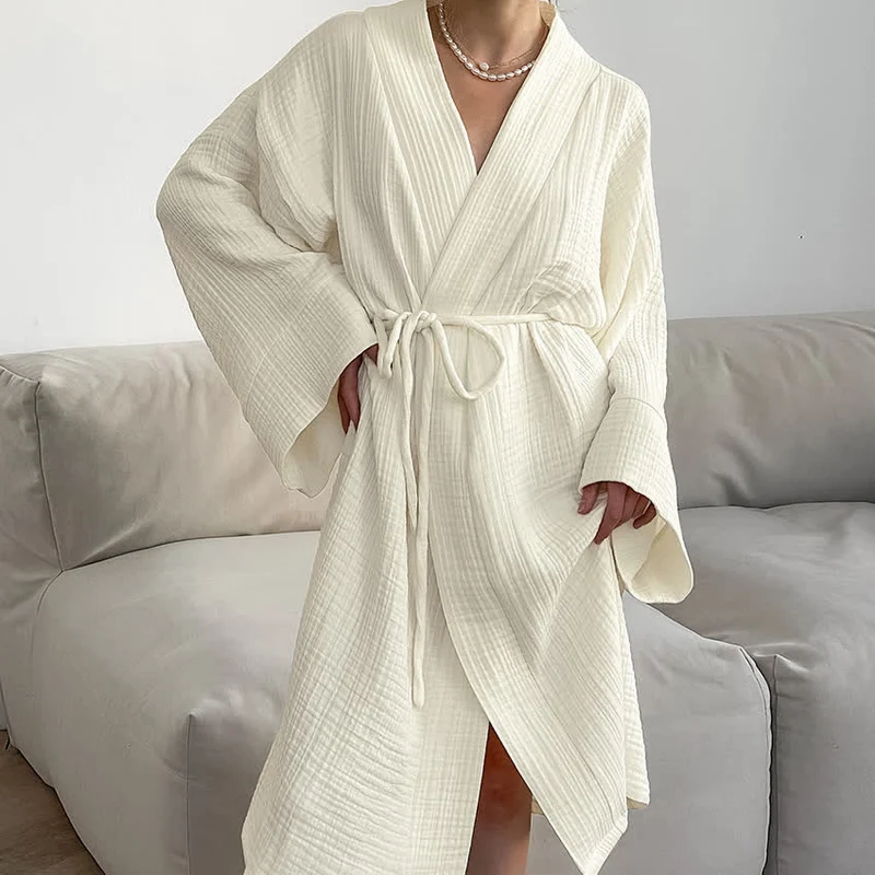 Beige Kimono-Bademantel aus reiner Baumwolle