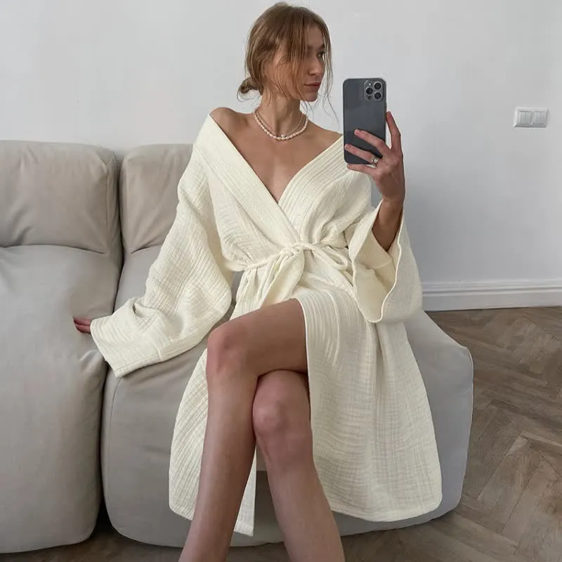 Beige Kimono-Bademantel aus reiner Baumwolle