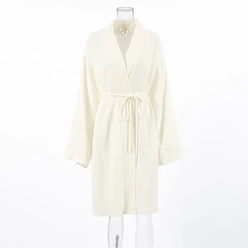 Beige Kimono-Bademantel aus reiner Baumwolle