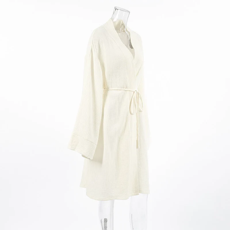 Beige Kimono-Bademantel aus reiner Baumwolle