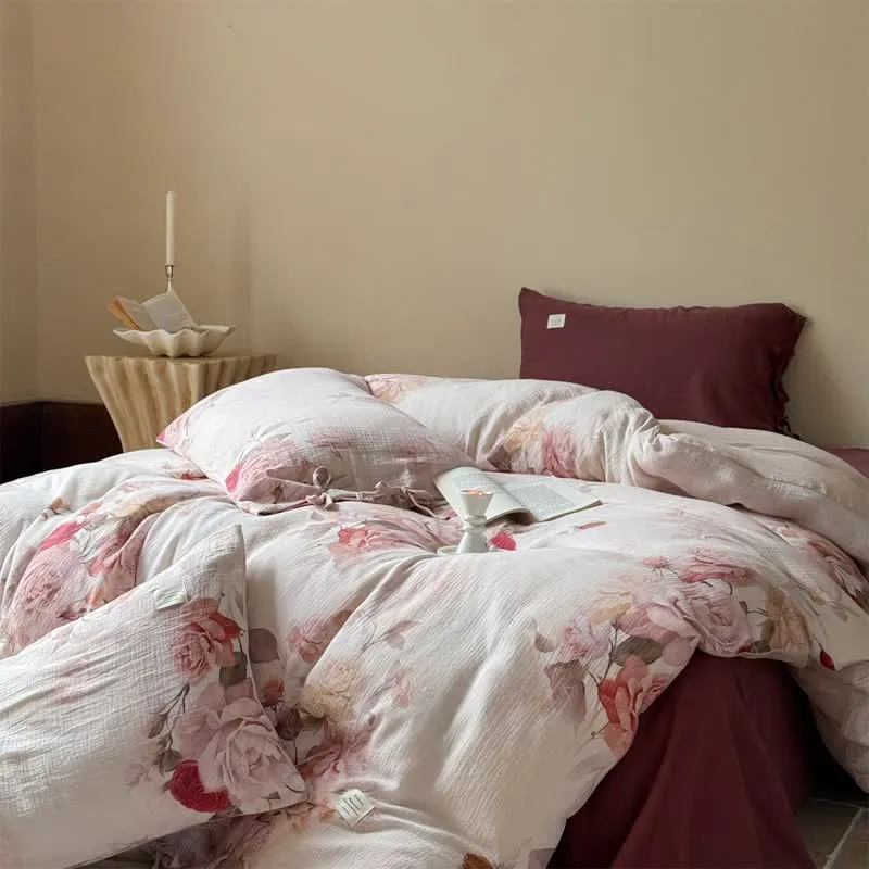 Elegantes Rosen-Bettwäscheset aus Baumwolle mit Bindebändern (4-teilig)