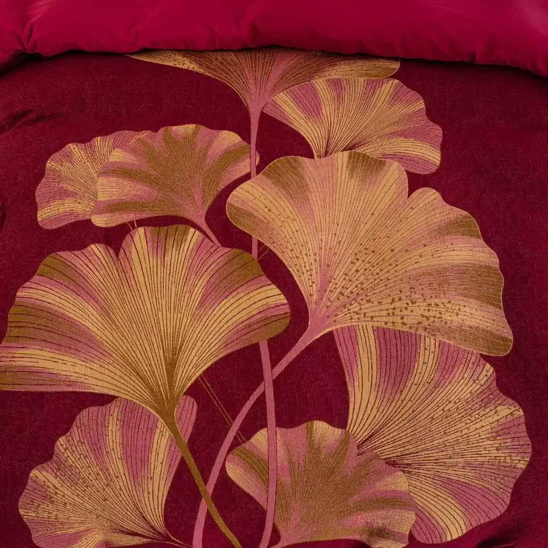 Bettwäsche-Set aus Baumwolle mit rotem und goldenem Ginkgoblatt (4-teilig)