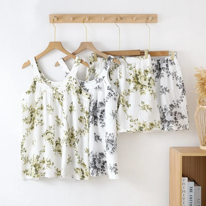 Ärmelloser Pyjama-Set aus Baumwollgaze mit Pfingstrosenmuster