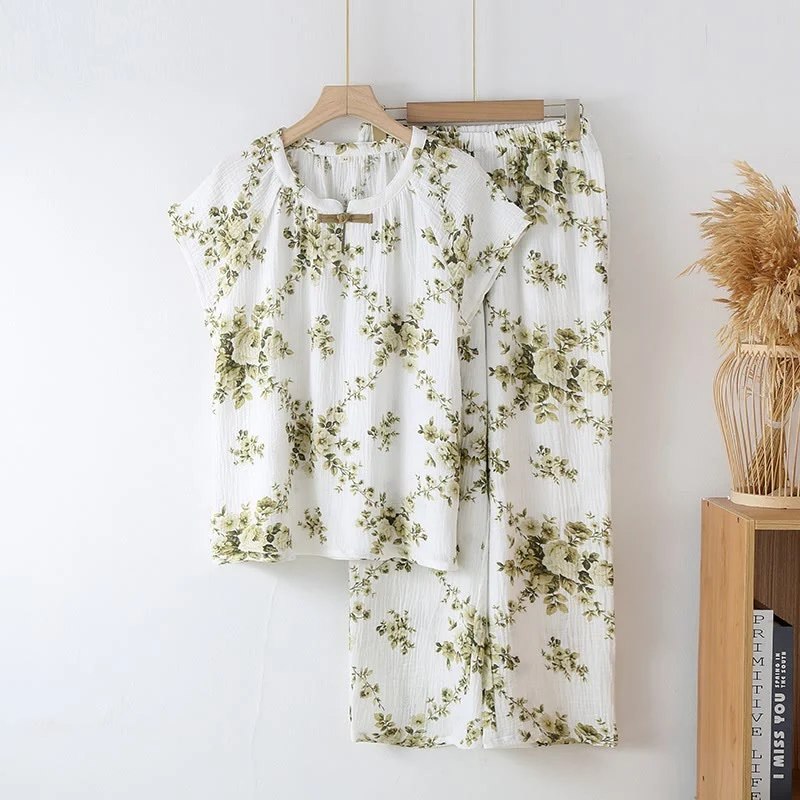 Vintage-Pyjama-Set aus Baumwollgaze mit Pfingstrosenmuster