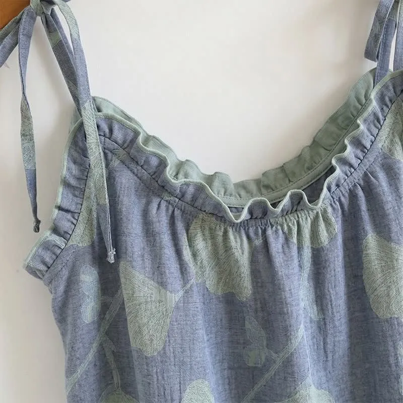 Ginkgo-Blatt-Pyjama-Set mit Rüschen und Cami-Oberteil