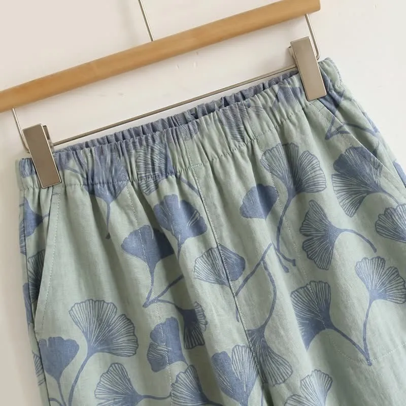 Ginkgo-Blatt-Pyjama-Set mit Rüschen und Cami-Oberteil