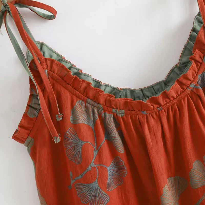 Ginkgo-Blatt-Pyjama-Set mit Rüschen und Cami-Oberteil