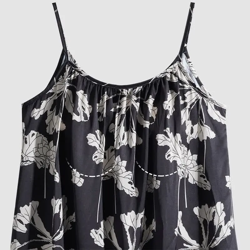Schwarzes Pyjama-Set mit geblümtem Cami-Shorts