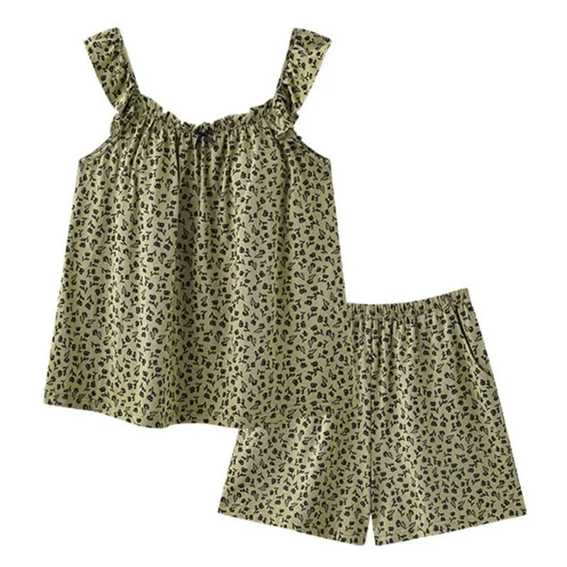 Olivgrüner Pyjama-Set mit Rüschen und Blumenmuster