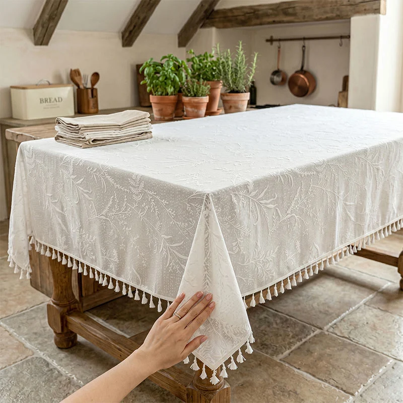 Romantische Tischdecke mit Blumenmuster, Blattspitze und Quasten