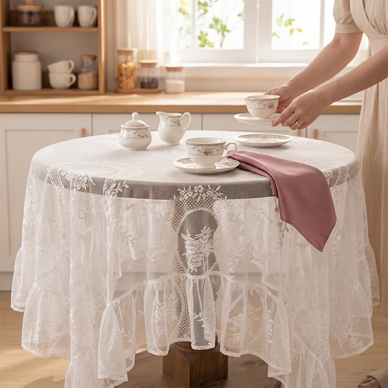 Romantische Tischdecke mit floraler Spitze und Rüschenrand