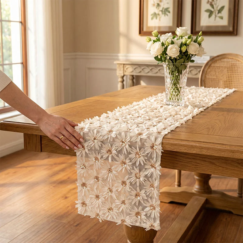 Tischdecke im französischen Landhausstil mit Blumenmuster und Quasten