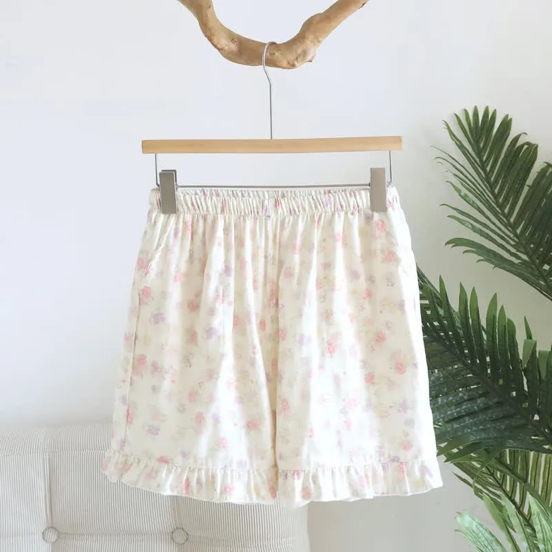 Pyjama-Shorts aus Baumwolle mit Rüschen und Blumenmuster