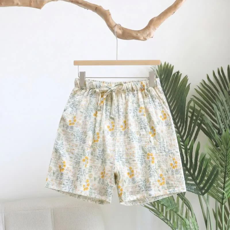 Gelbe Tulpen-Pyjama-Shorts aus Baumwollgaze