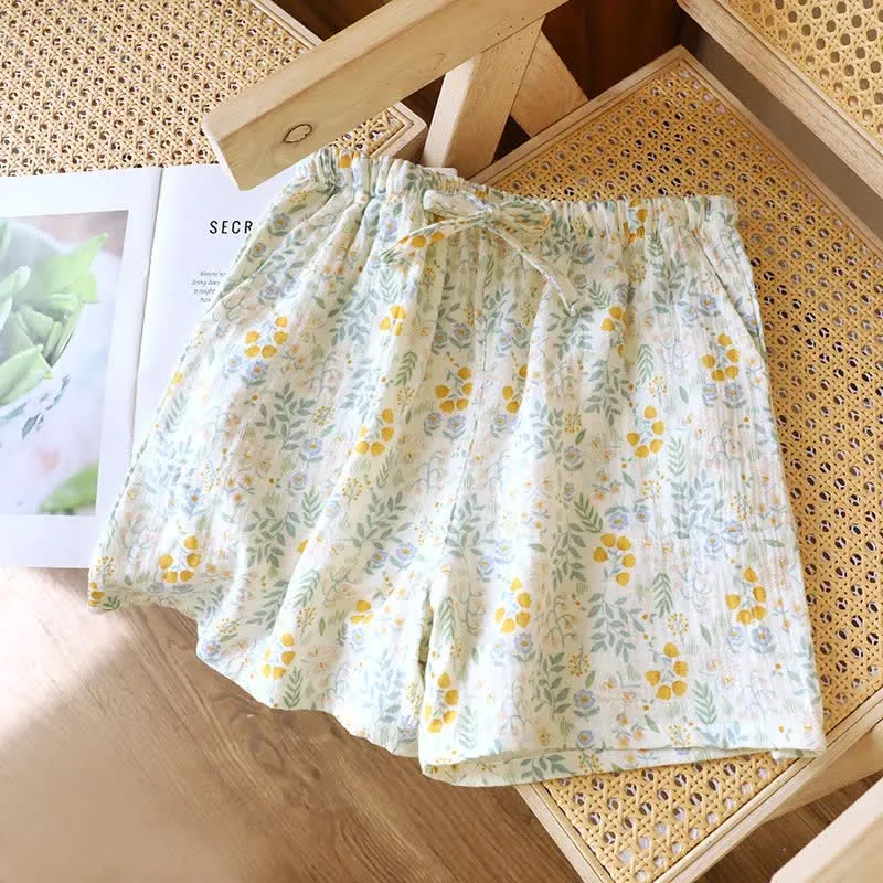 Gelbe Tulpen-Pyjama-Shorts aus Baumwollgaze