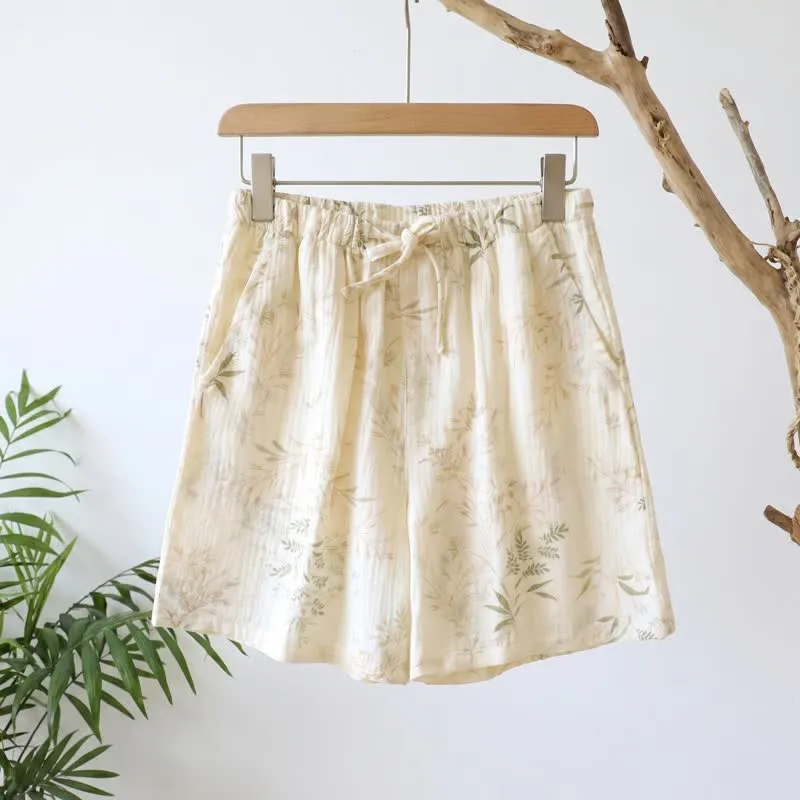 Damen-Pyjama-Shorts aus Baumwollgaze mit botanischem Muster