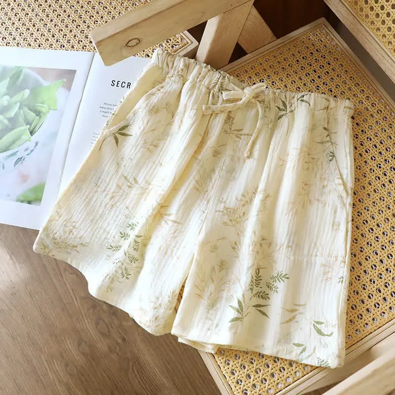 Damen-Pyjama-Shorts aus Baumwollgaze mit botanischem Muster