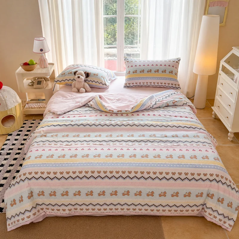 Bettwäsche-Set aus gewaschener Baumwolle mit rosa Schleifenbär