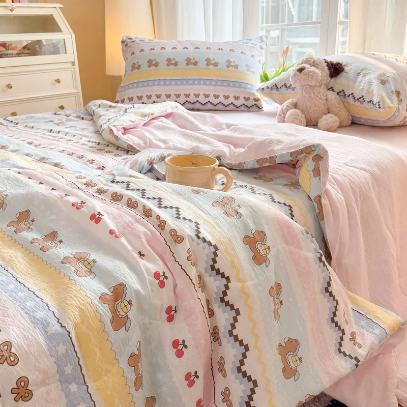 Bettwäsche-Set aus gewaschener Baumwolle mit rosa Schleifenbär