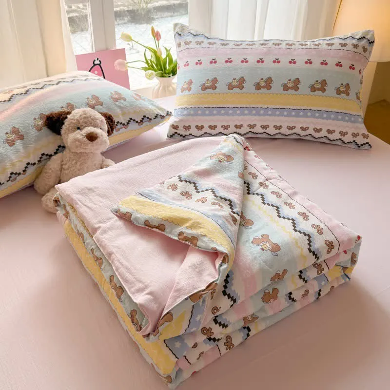 Bettwäsche-Set aus gewaschener Baumwolle mit rosa Schleifenbär