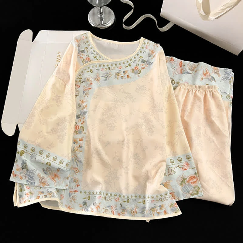 Vintage Hanfu-inspiriertes Blumenpyjama-Set