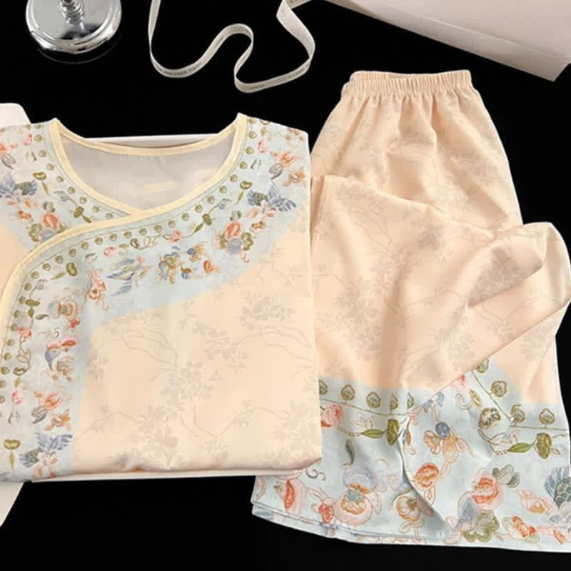 Vintage Hanfu-inspiriertes Blumenpyjama-Set