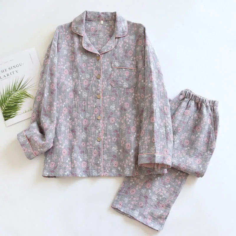 Pyjama-Set aus Baumwolle im Vintage-Stil mit Rosenjacquardmuster