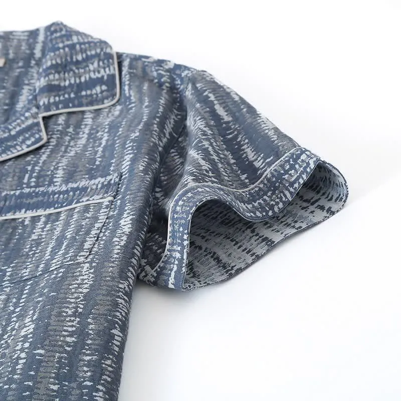 Unisex-Pyjama-Set aus blauer, künstlerisch gestalteter Baumwolle