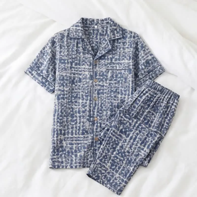 Loungewear-Set aus blau-abstrakt karierter Baumwolle