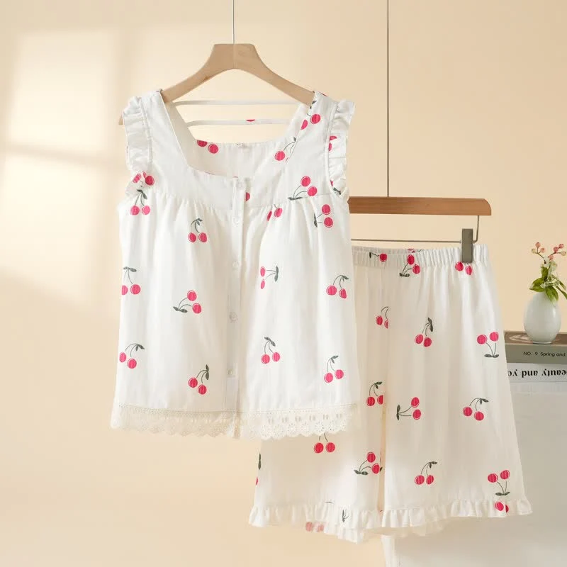 Kirschfarbener Baumwoll-Pyjama-Set mit kurzen Ärmeln