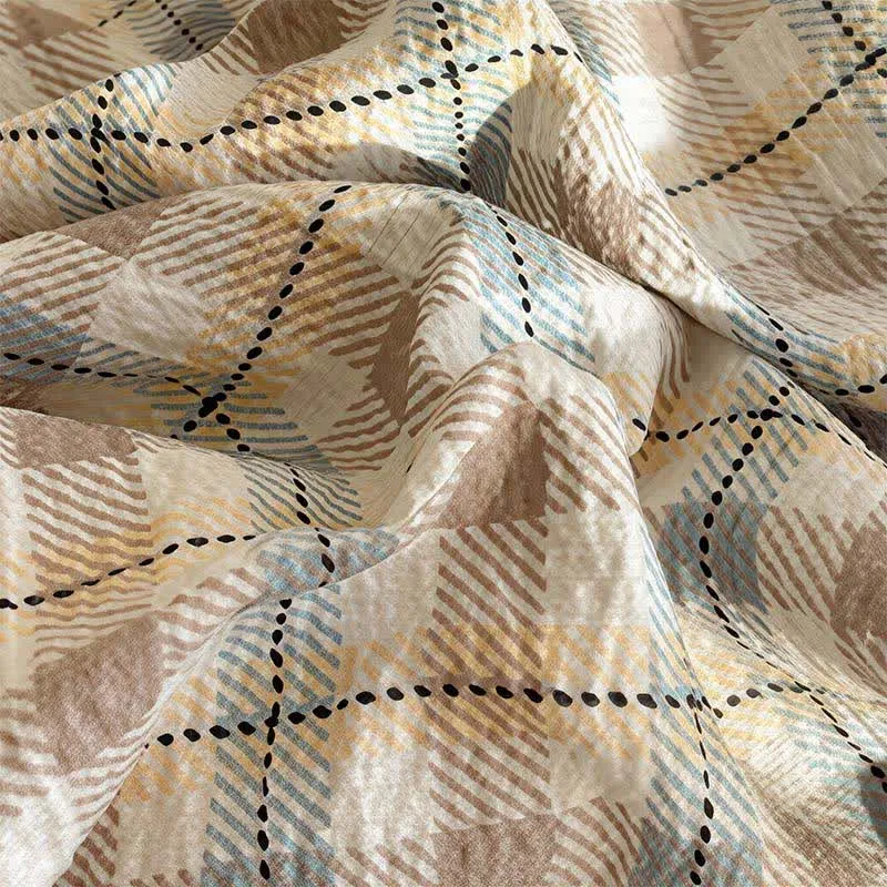 Sommerbettwäsche-Set aus braunem Karomuster mit Rüschen und Spitze
