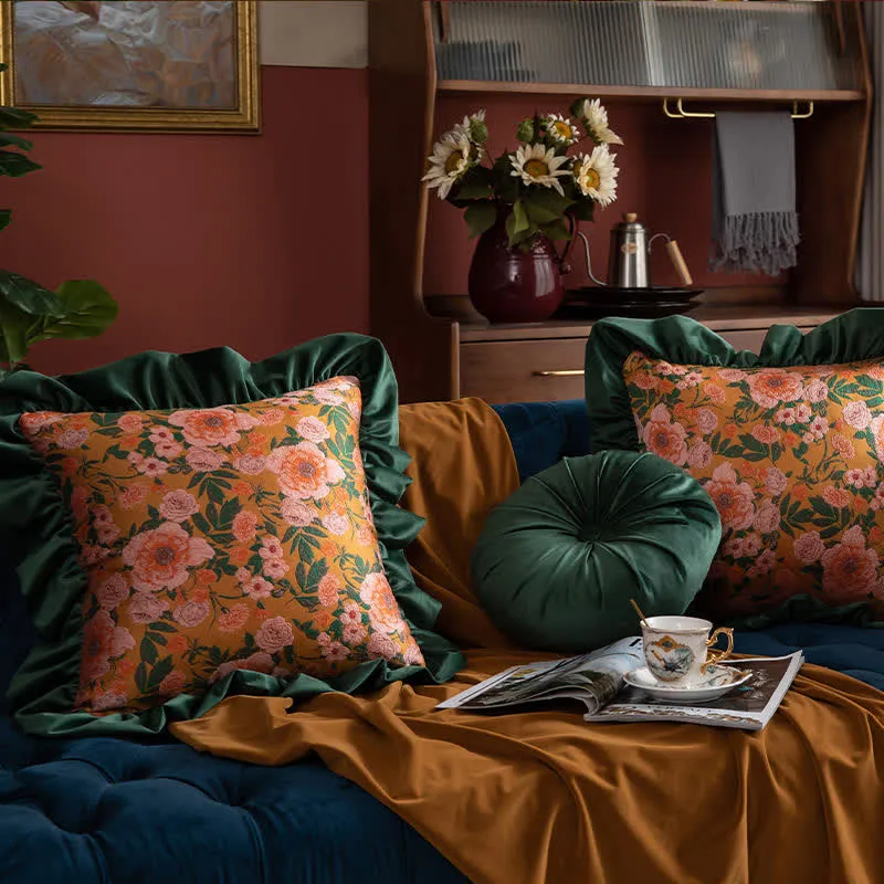 Vintage-Dekokissen mit Rüschen und Jacquard-Blumenmuster