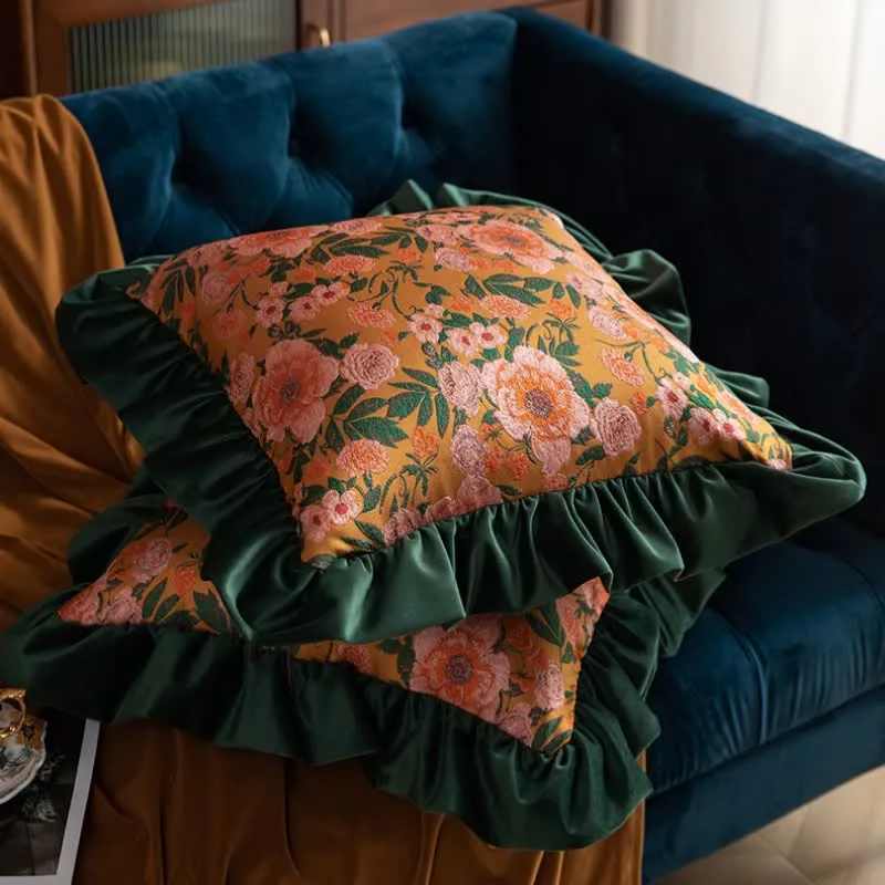 Vintage-Dekokissen mit Rüschen und Jacquard-Blumenmuster