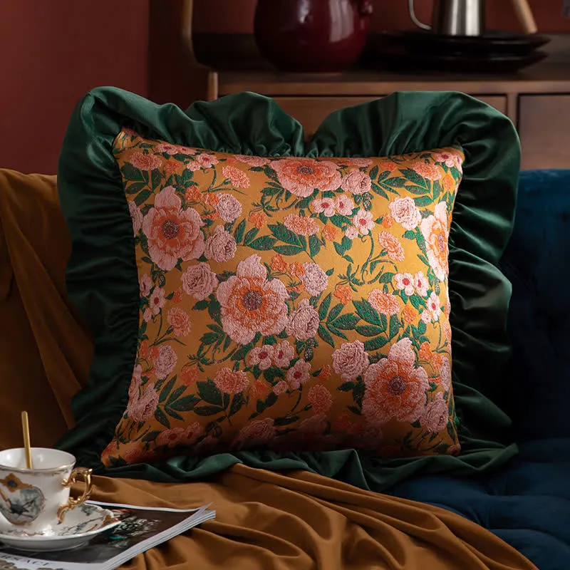 Vintage-Dekokissen mit Rüschen und Jacquard-Blumenmuster
