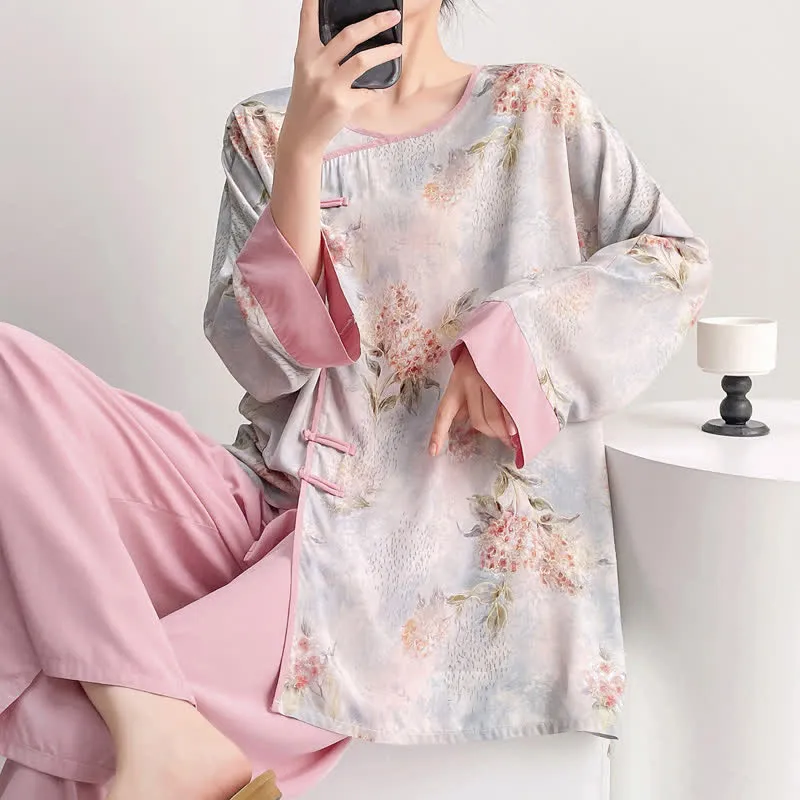 Rosa Loungewear-Set mit Blumenmuster im orientalischen Stil