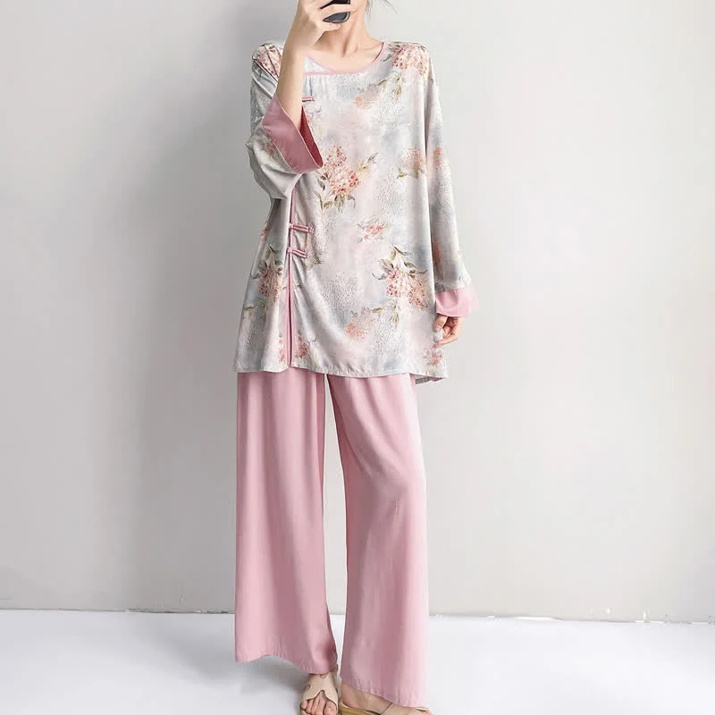 Rosa Loungewear-Set mit Blumenmuster im orientalischen Stil