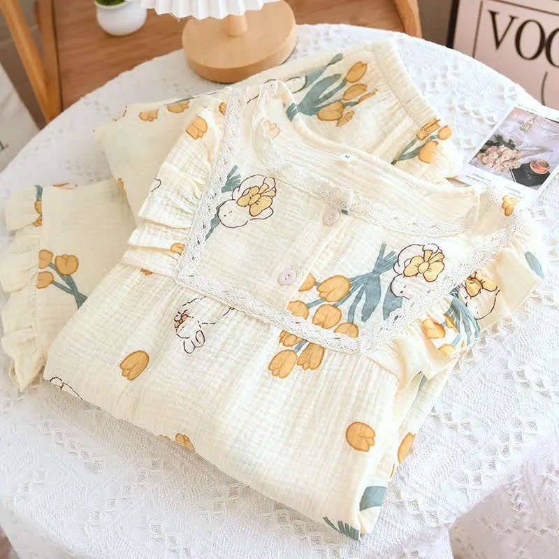 Tulpen- und Hasen-Pyjama-Set aus Baumwollgaze