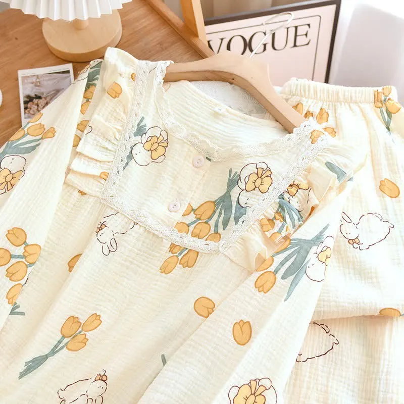 Tulpen- und Hasen-Pyjama-Set aus Baumwollgaze