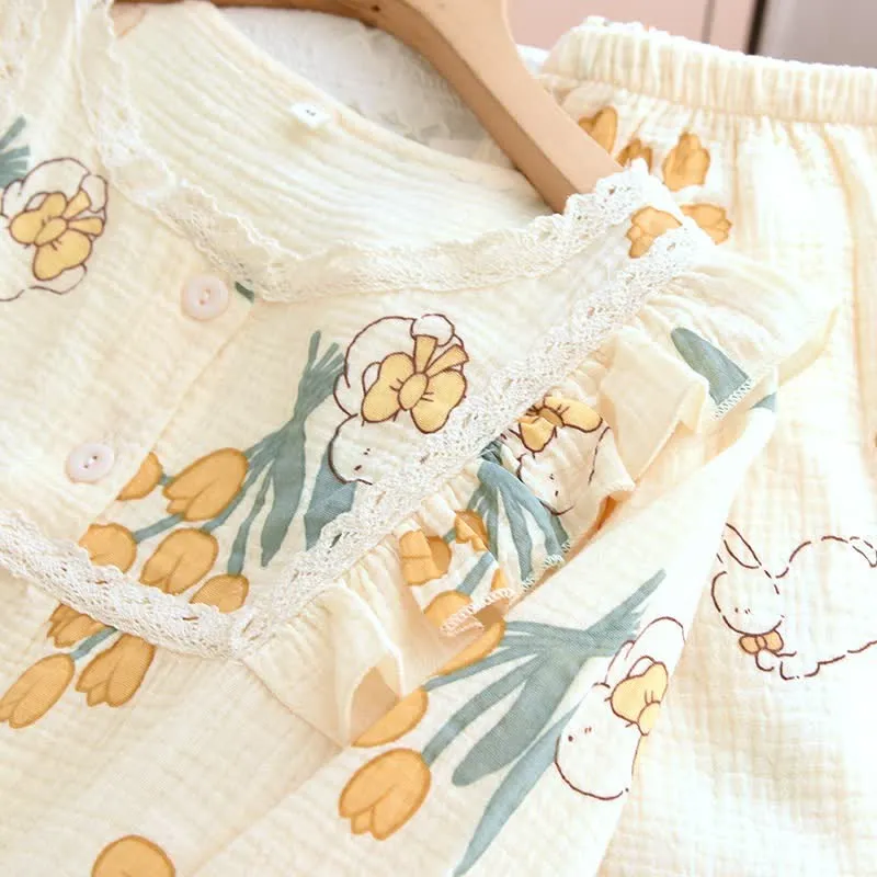 Tulpen- und Hasen-Pyjama-Set aus Baumwollgaze