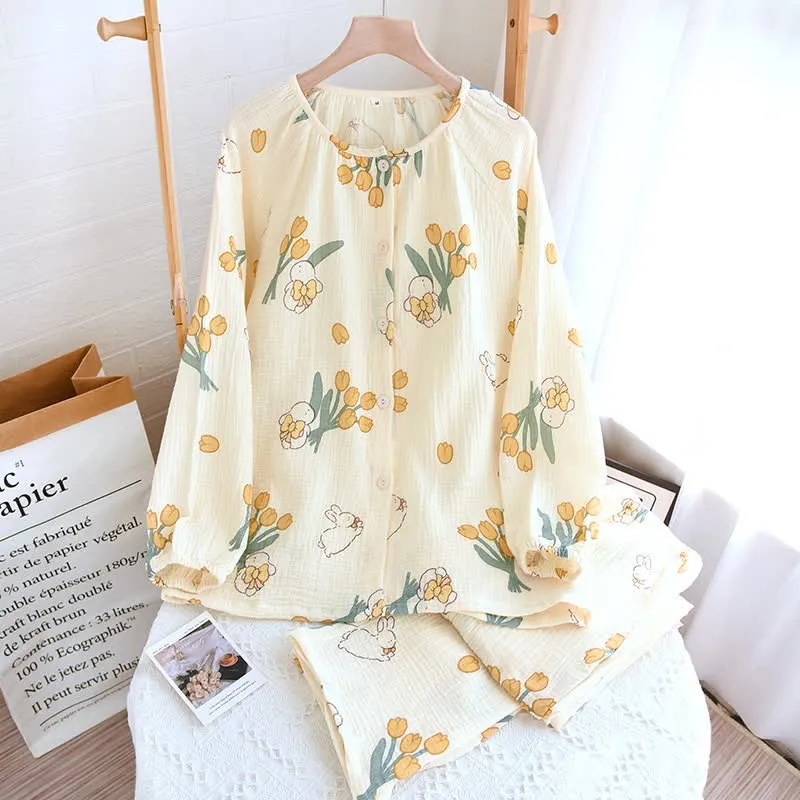 Tulpen- und Hasen-Pyjama-Set aus Baumwollgaze